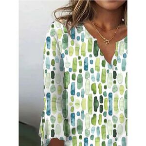 Valanio Green Geometric Watercolor Print Notched Short Sleeve Top (L)